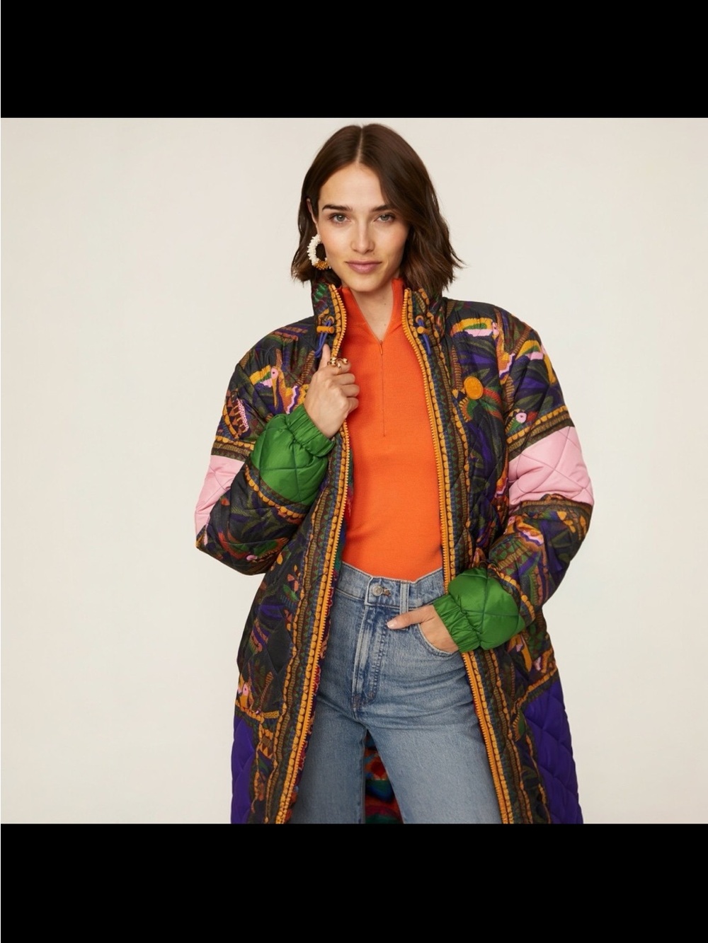 Farm Rio Puffer Multicolor Quilted Long Puffer Coat with Belt - Picture 2 of 15
